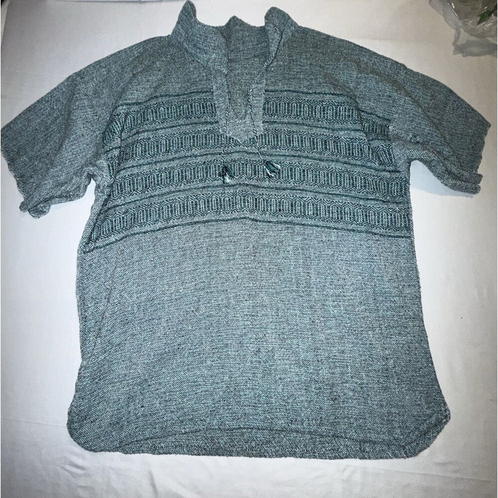 Unisex Baja Poncho Shirt Teal Woven Boho Southwestern Festival Pullover L XL